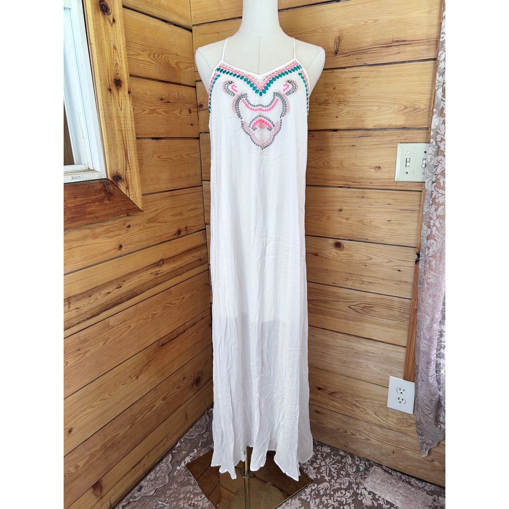 Maxi Dress Women Large White Embroidered Beaded Sequin Boho Bia Boro Flowy Dream